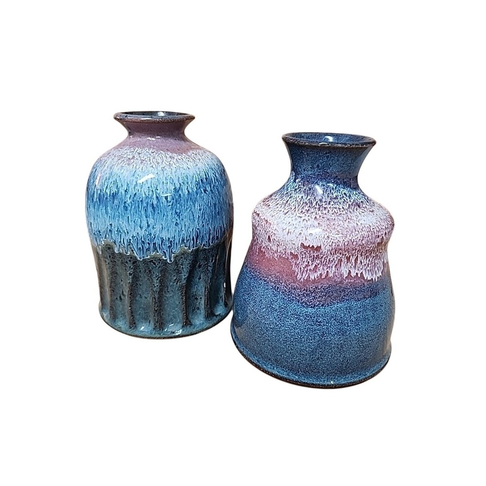 2 Vtg Stoneware Pottery Bud Vases Hand Turned Artist Signed Blue Drip Glaze 5"